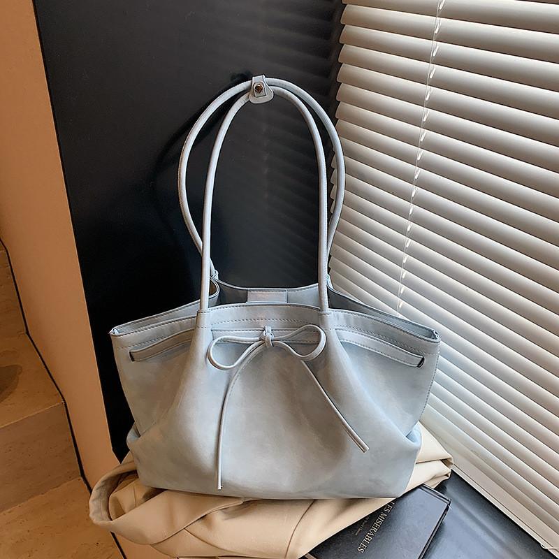 Color Solid Simple Bow Decoration Pleated Design Women Casual Shoulder Tote Bag