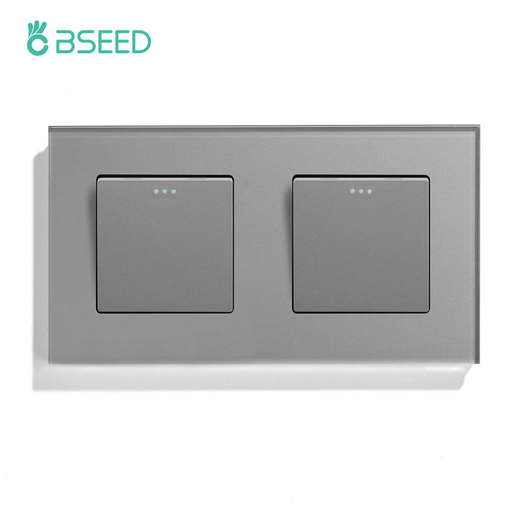 BSEED Double 1/2/3Gang Wall Light Switches 1Way Mechanical Button Switch On Off Glass Panel EU Standard 157mm