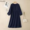 ZANZEA Women Casual V-Neck Solid Color Long Sleeve Loose Dress