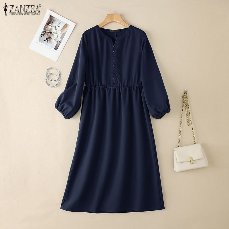 ZANZEA Women Casual V-Neck Solid Color Long Sleeve Loose Dress