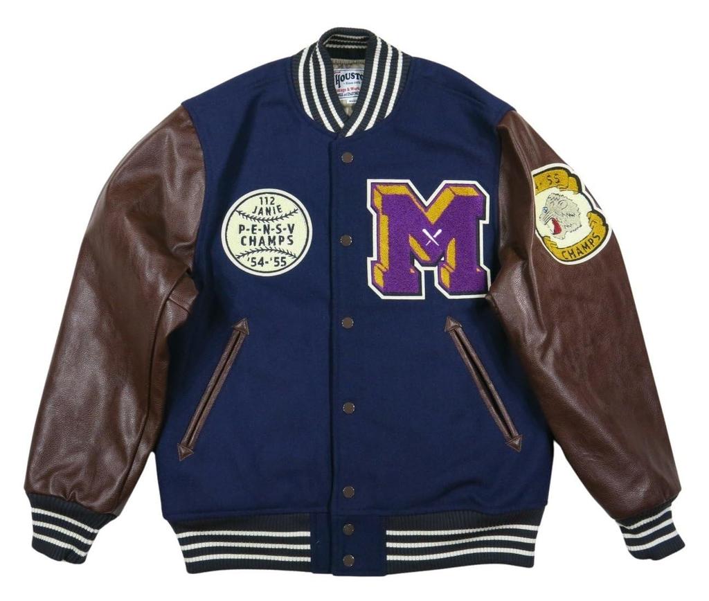 Houston Embroidered Cat Print PU Leather and Melton Wool Stadium Size Navy Jacket, 51272, Medium,
