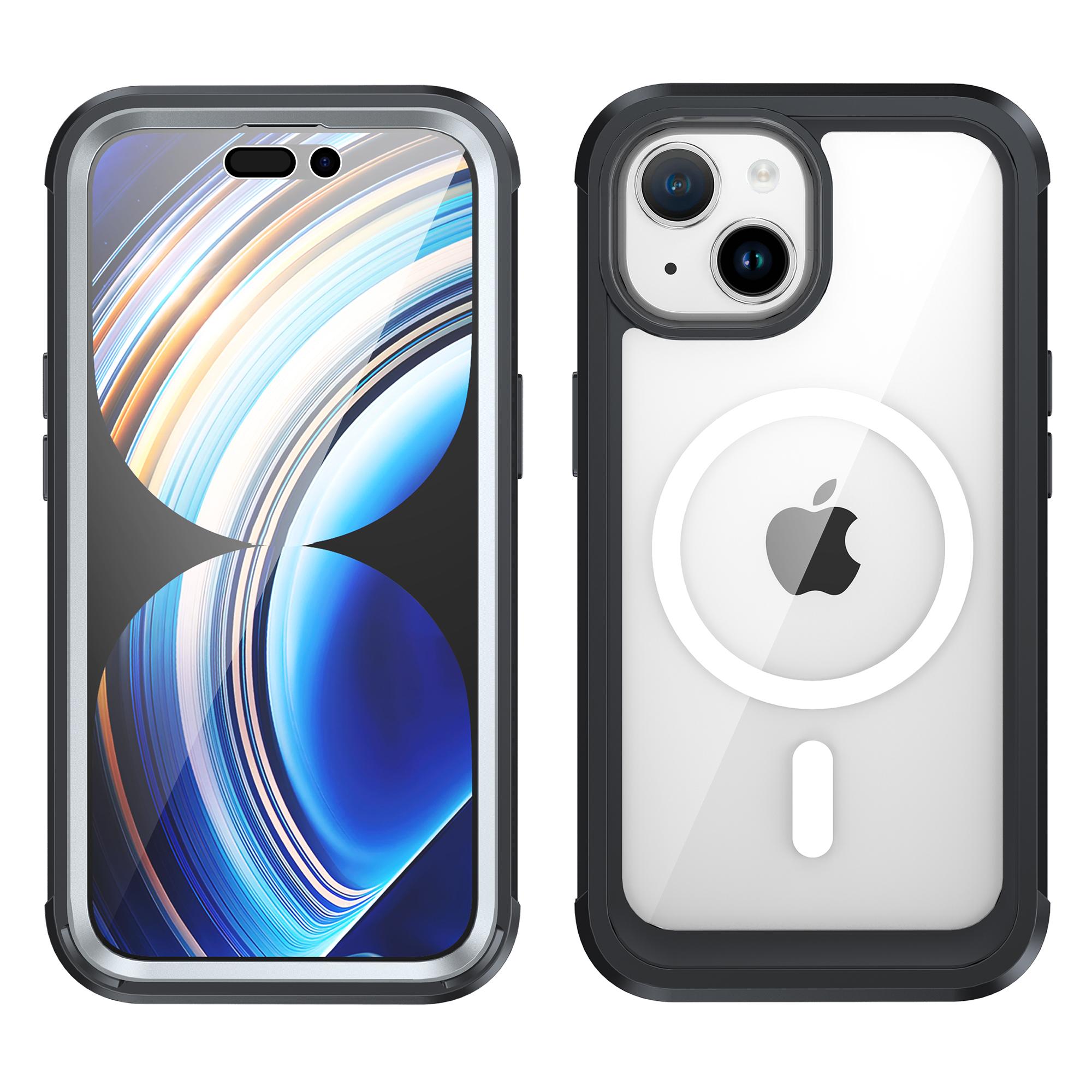 

For iPhone 15 Phone Case PC+TPU Clear Cover with Tempered Glass Screen Protector Black