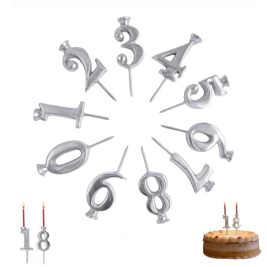 10 stycken Återanvändbar Siffra Födelsedagsljus Hållare Set 0-9 Numrerade Tårtdekorationer Metall Silver Digital Ljus Hållare för Födelsedagstårtor Jubileum