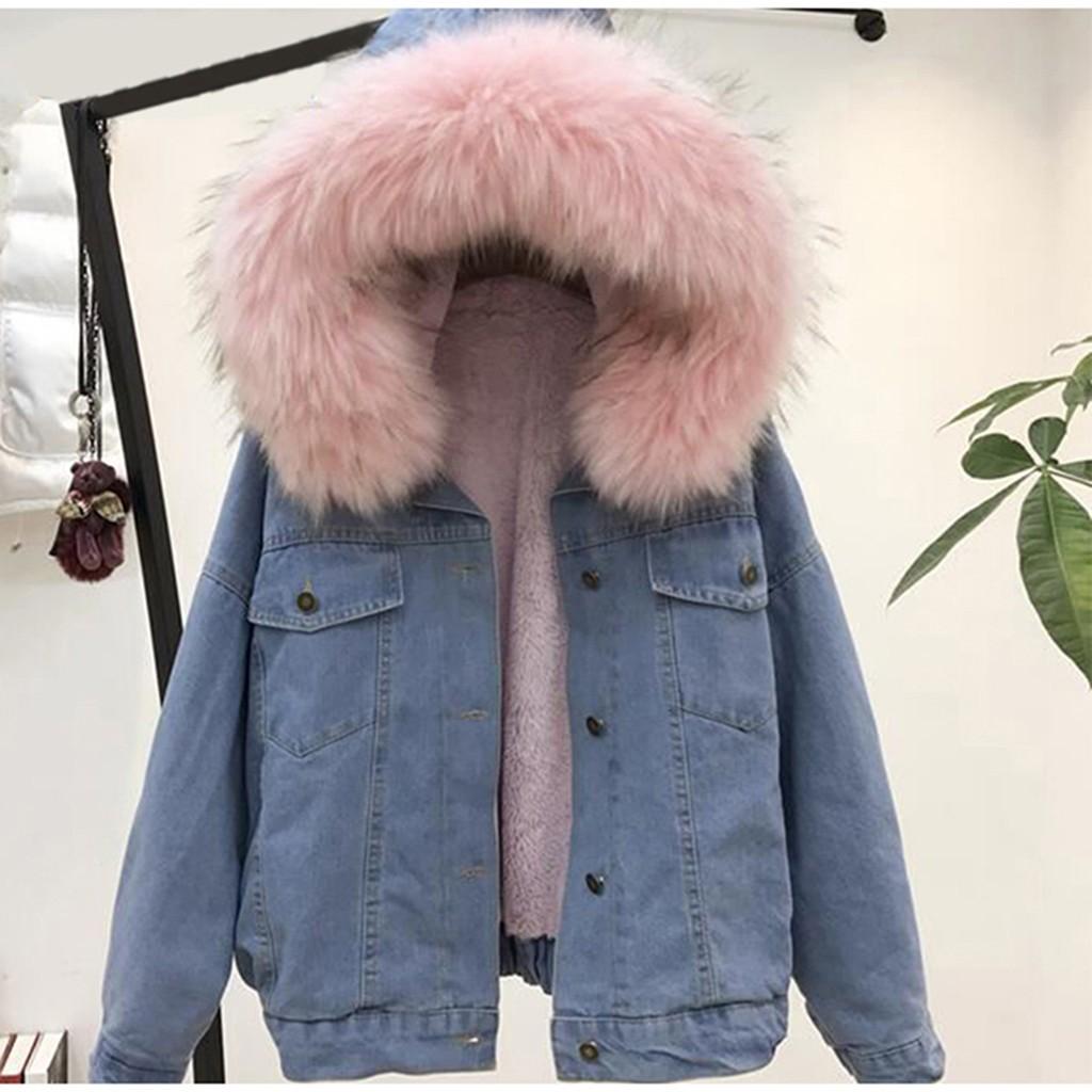 Women Warm Denim Short Coat Collar Jacket Slim Winter Hooded Outwear Coats