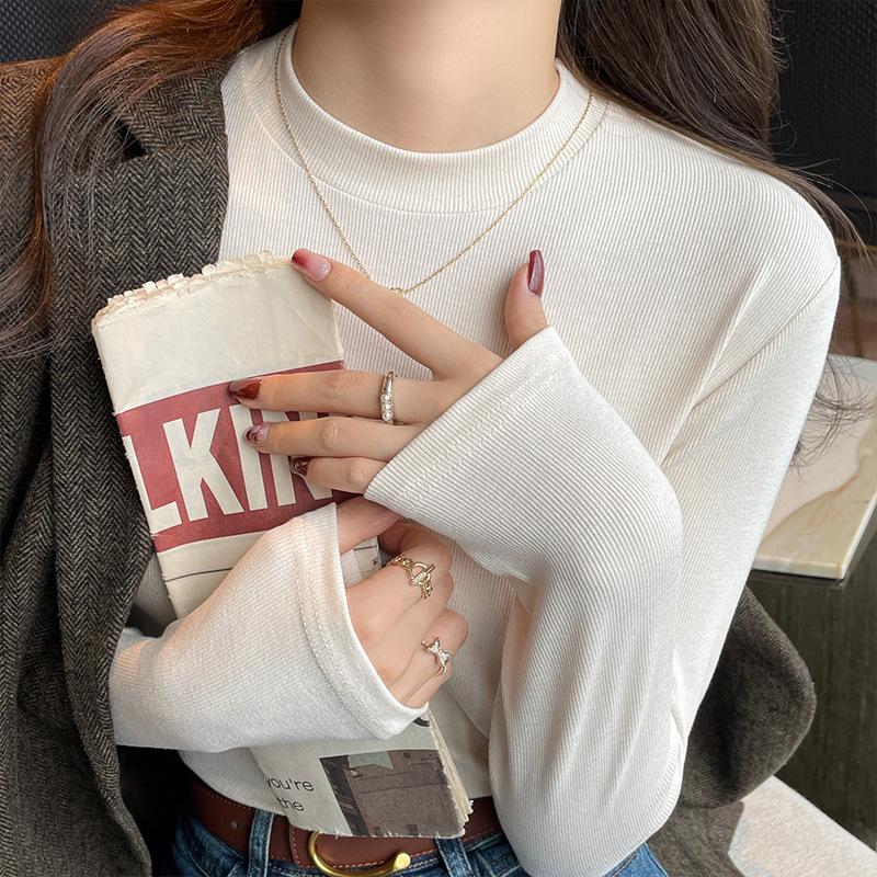 Weißes Rundhals-Unterhemd für Damen im Herbst und Winter, Neues einfarbiges langärmeliges T-Shirt, Slim-Top
