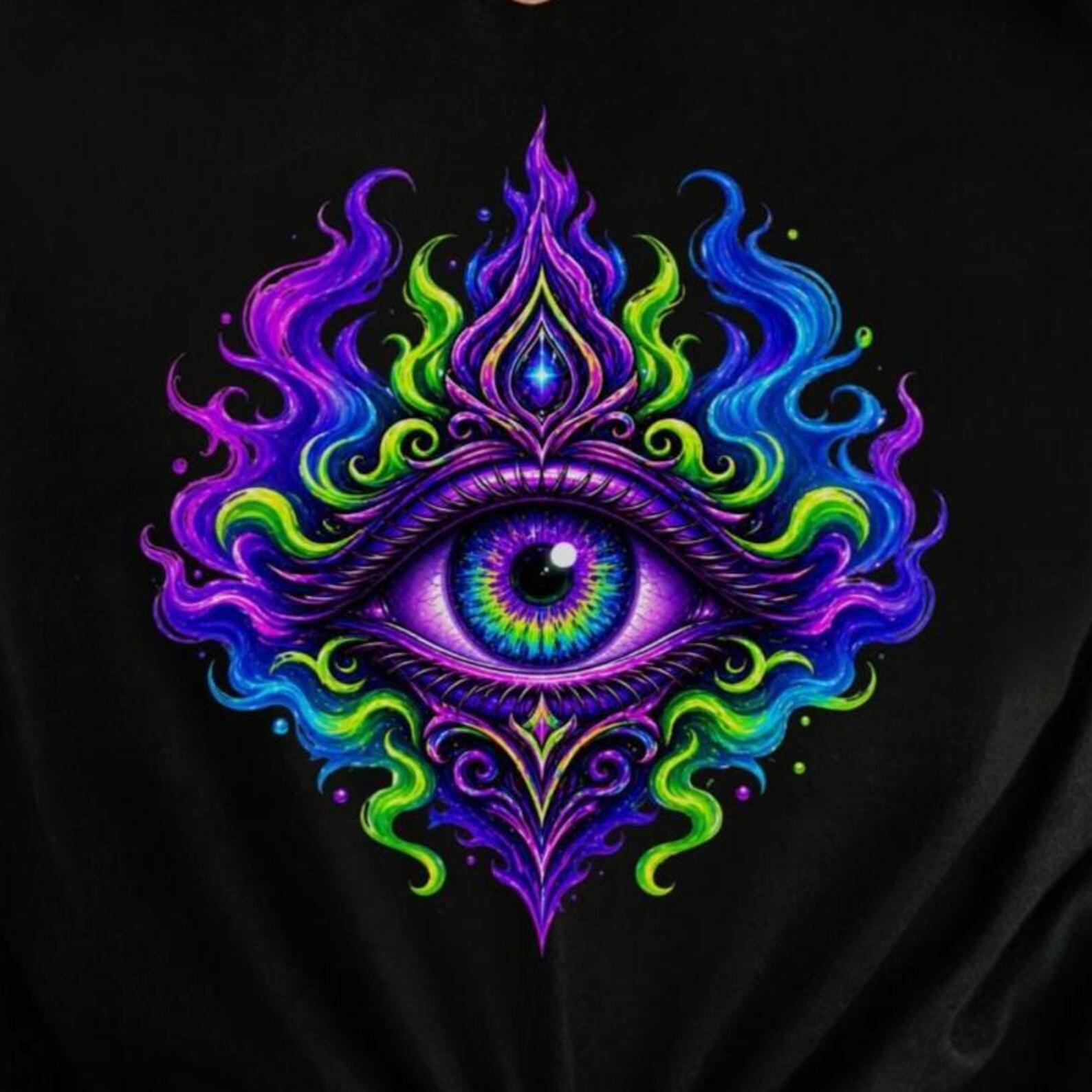 All Seeing Eye Shirt | Psychedelic Neon Flames Graphic Tee S