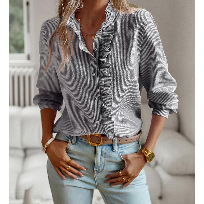 Moda Europejska i Amerykańska 2023 Damska Koszula z Bąbelkowym Paskiem, Falbaną, Stójką i Długim Rękawem