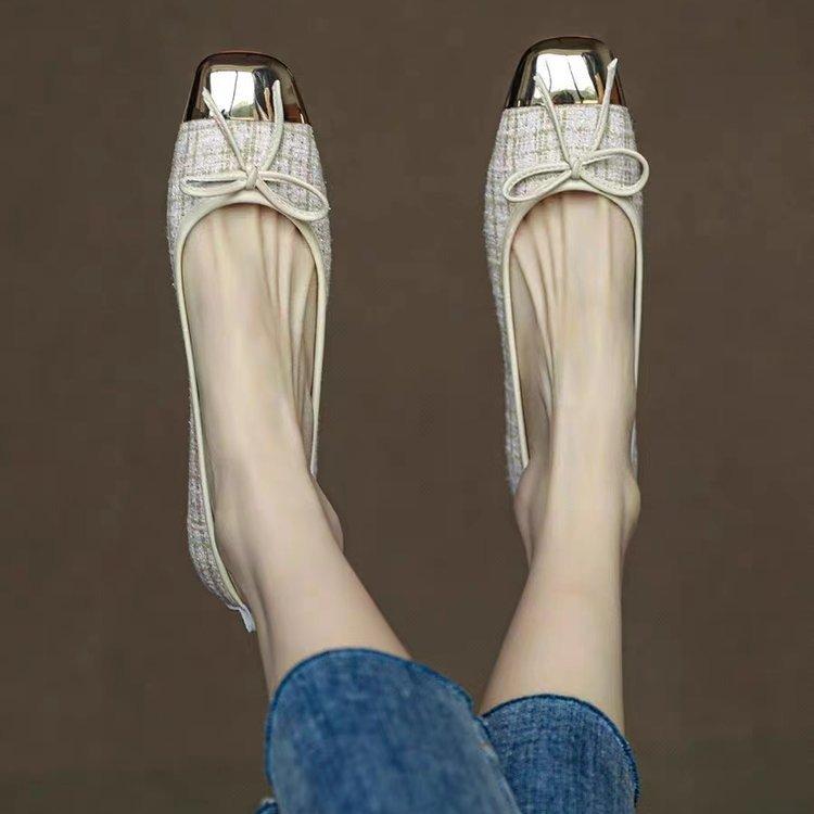 Bow Shallow Mouth Single Shoes Women's Spring and Summer 2025 New Ballet Shoes Soft Sole Metal Flat Shoes Women's Single Shoes