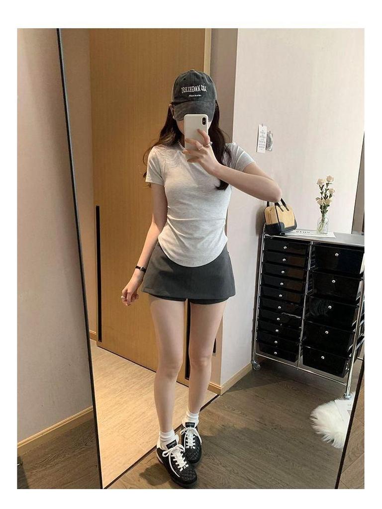 Women's Slim-Fit Black Fishbone Straight-Shoulder T-Shirt – 92% Cotton, 8% Spandex Summer Top