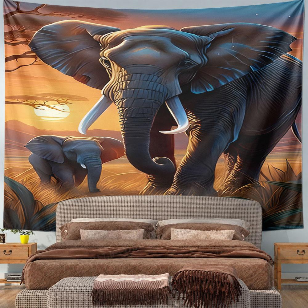 "Elephants at Sunset in Savannah" Pattern Wall Hanging Tapestry Decorative Tapestry Home Decor for Bedroom and Living Room