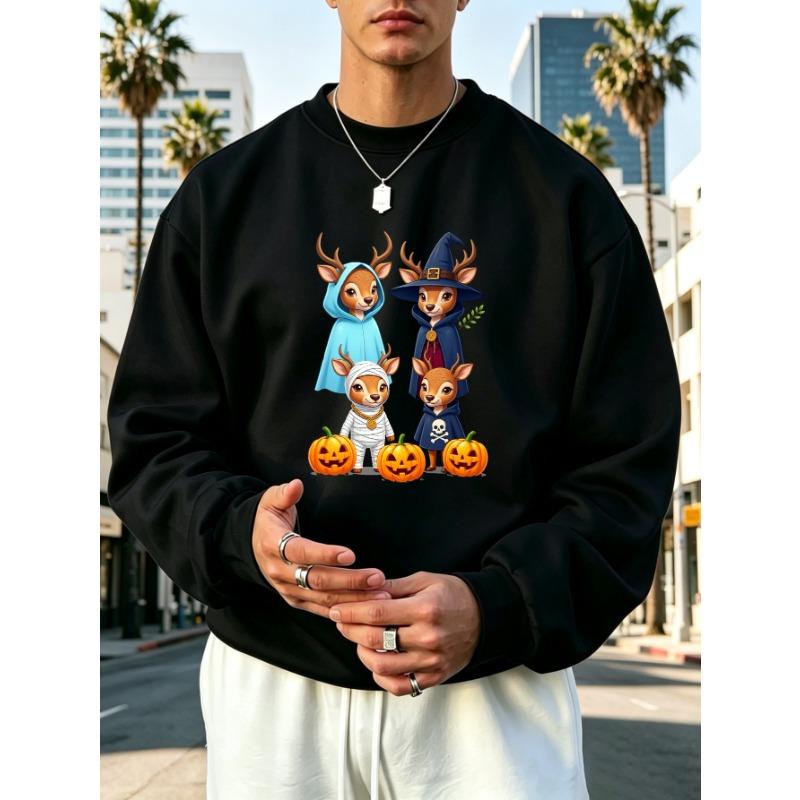 Men's Graphic Print Crew Neck Sweatshirt With Adorable Deer In Costumes And Pumpkins Halloween, Loose Fit Streetwear.