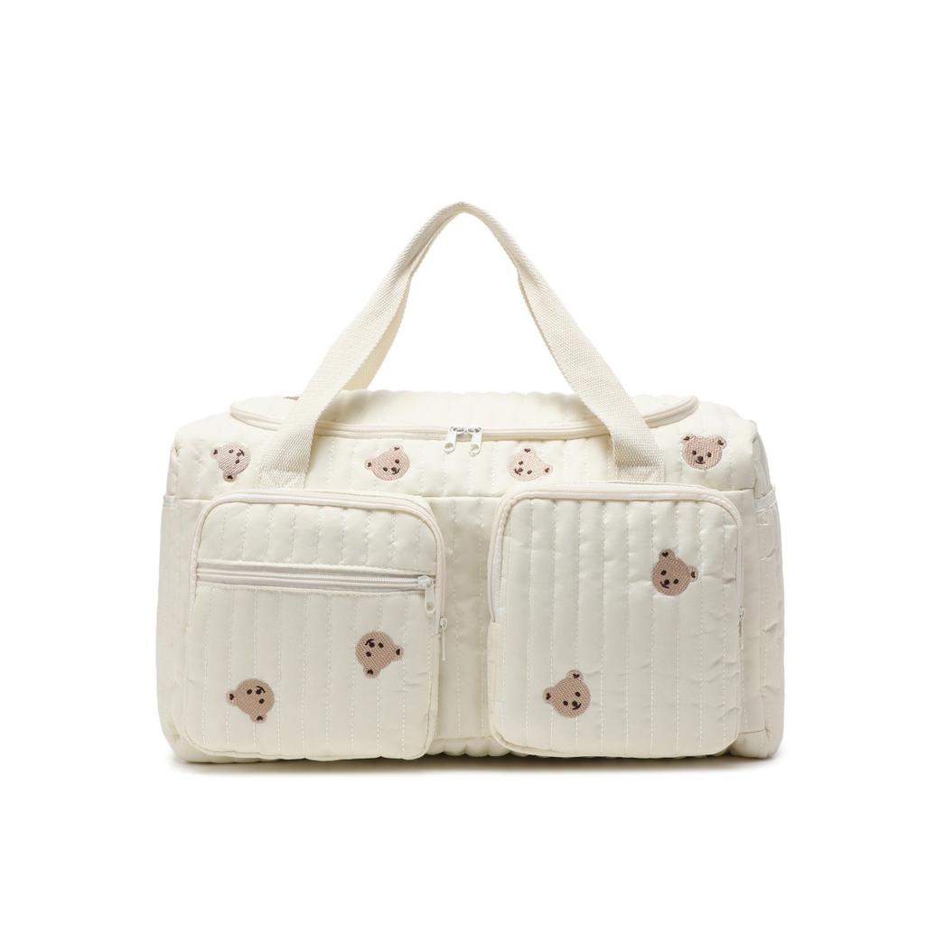 Baby Diaper Bag Cute Bear Flower Embroidery Pattern Mommy Bag Baby Beige Cotton Fabric Zipper Diaper Handbag New Luggage Bag