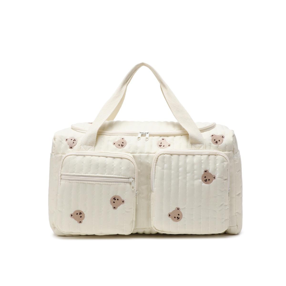 

Baby Diaper Bag Cute Bear Flower Embroidery Pattern Mommy Bag Baby Beige Cotton Fabric Zipper Diaper Handbag New Luggage Bag