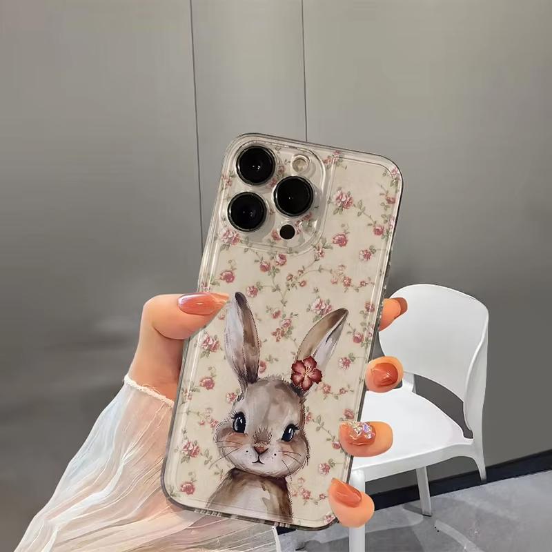 Floral Rabbit Clear Phone Case for iPhone 17 Pro Max 16 15 Pro 14 13 12 11 XR 17Air 16 Plus Silicone Cover