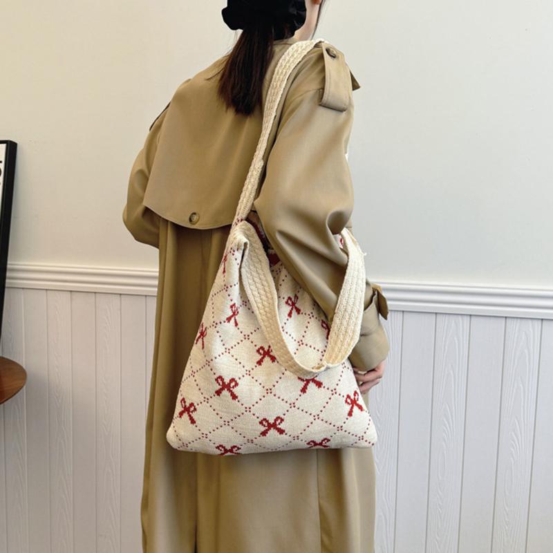Bow Knitted Women's Eco Korean Foldable Tote Bag Y2K Crochet Rope Sweet Knitting Shoulder Bag