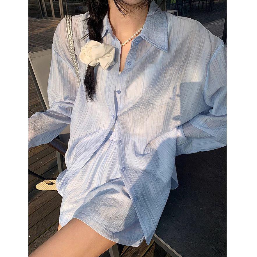 Women's Loose Casual Sports Set: Thin Sun Protection Long Sleeve Shirt & Wide Leg Shorts - New Korean Summer Style