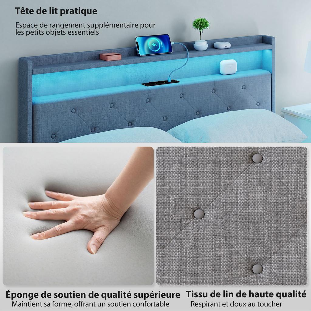 Bed frame 140 x 190 cm with steel base, floating double bed with RGB LED lights and charging station, grey