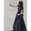 Blue High-end Long Skirt Women's Summer Short-sleeved Slim-fitting Waist and Thin, Unique and Beautiful Seaside Polo Dress