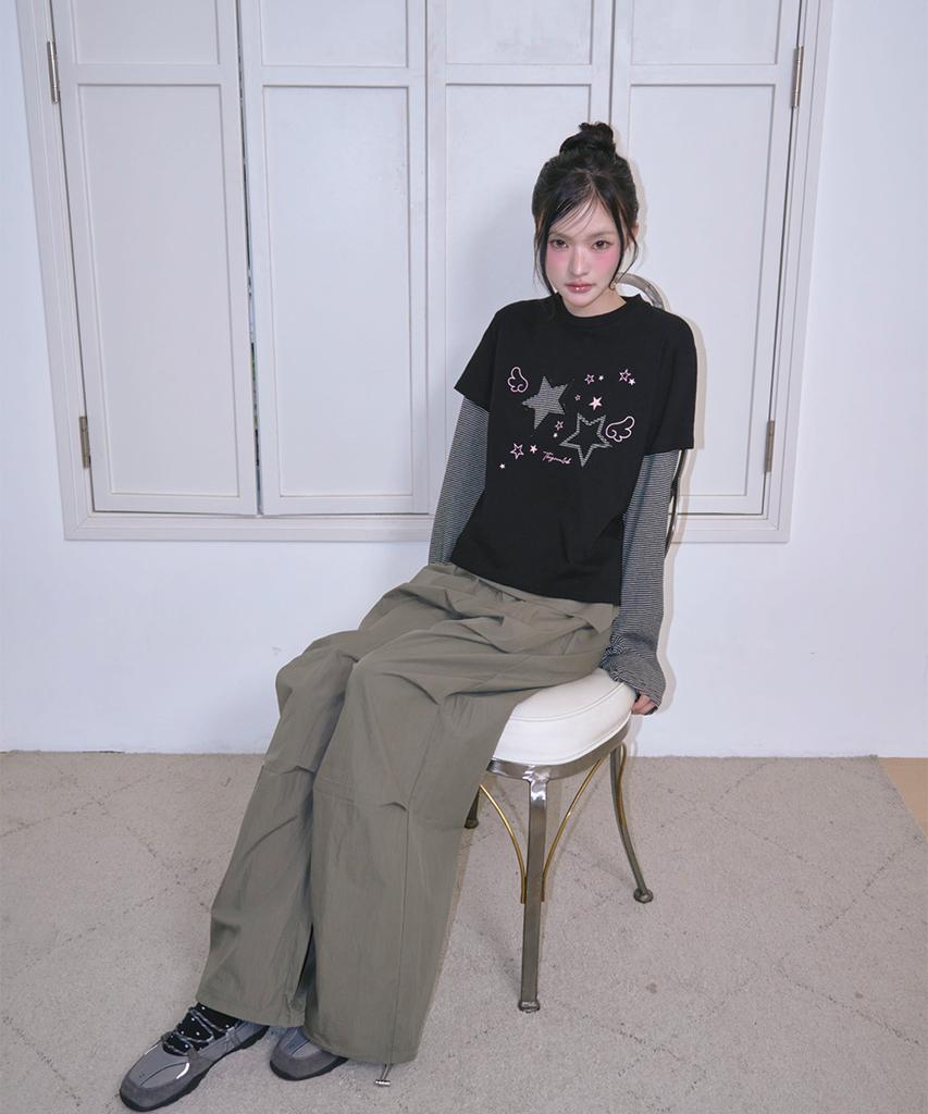 THE GREEN LAB Star Patch St Layered T-Shirt [Black]
