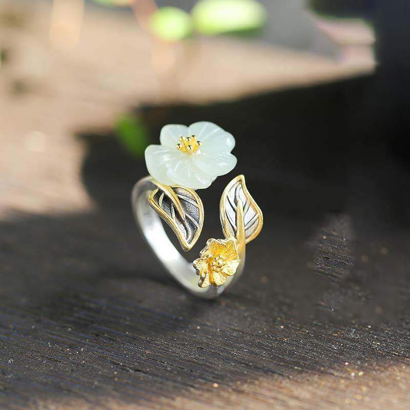925 Sterling Silver Jewelry White Jade Plum Blossom Flower Finger Rings for Women Wedding Party Jewelry For Girls Friend Gift