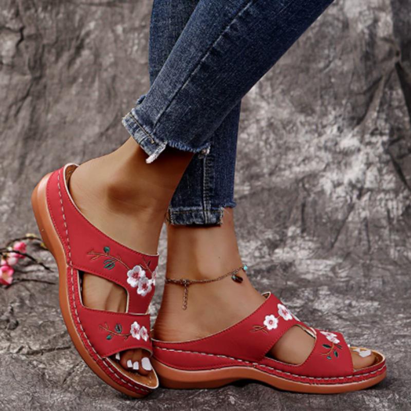 New Summer Women Embroidery Slide Sandals Vintage Embroidery Design PU Leather Slipper Gift Casual Wedges Slippers