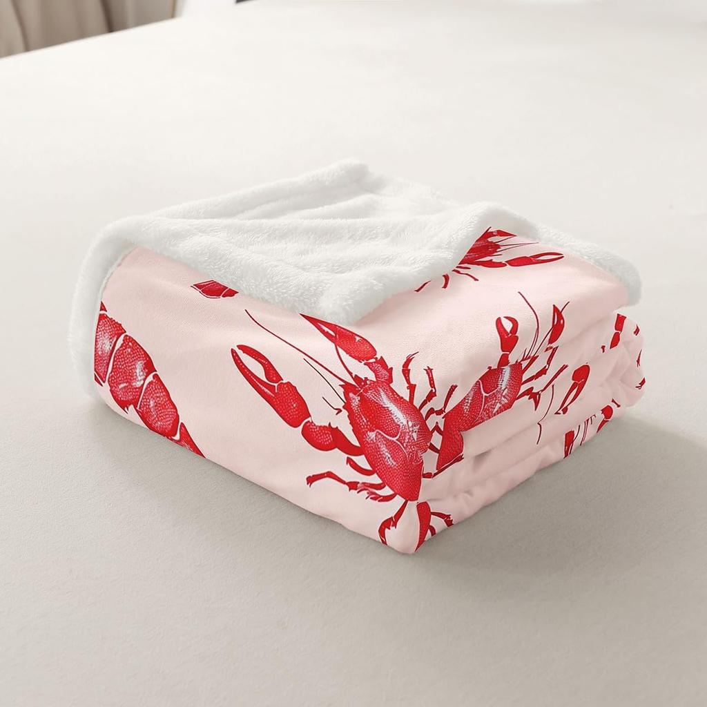 Red Lobster Pattern Blanket Soft Fleece Throw Seafood Theme Decor Fun Gift for Kitchen Living Room Bedroom
