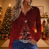 Women's Casual Christmas Print V-Neck Long Sleeve T-Shirt with Decorative Buttons for Holiday Parties
