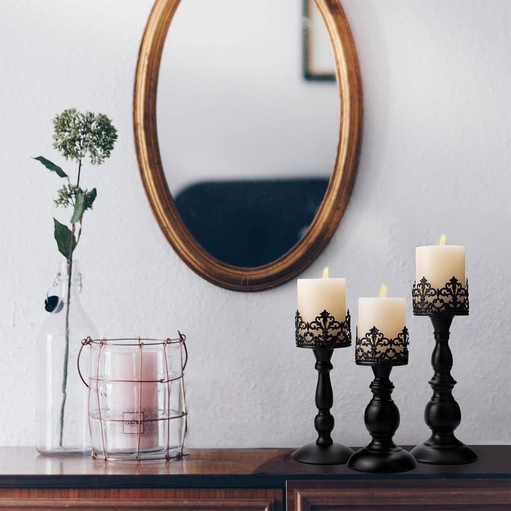 Vintage Pillar Candle Holders for Table Centerpiece Set of 3-11'' 9'' 8'' - Matte Black Metal Candle Stands Decorative - Candle Centerpiece for Table