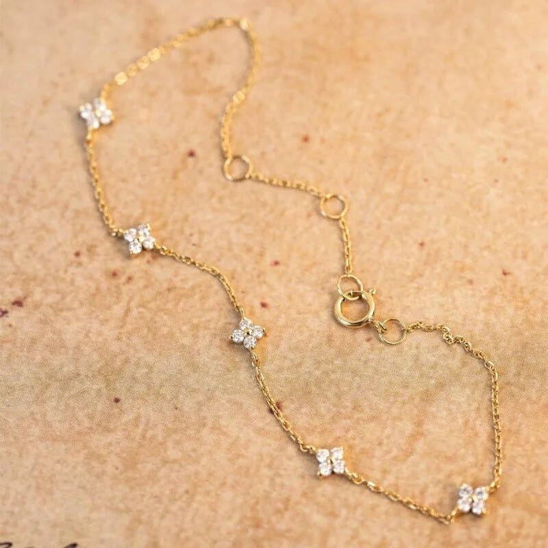 Emitame, Clover Motif CZ Diamond Bracelet, Four-Leaf Clover, S925 Sterling Silver, Gold Chain, Cute and Stylish, Women's Jewelry