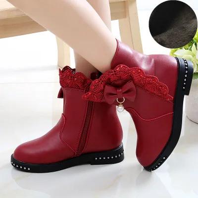 Children Boots for Girls Autumn Winter Warm Cotton Lace Bow-knot Pearls Pendant Princess Sweet Rubber Boots Snow Boots 27-37