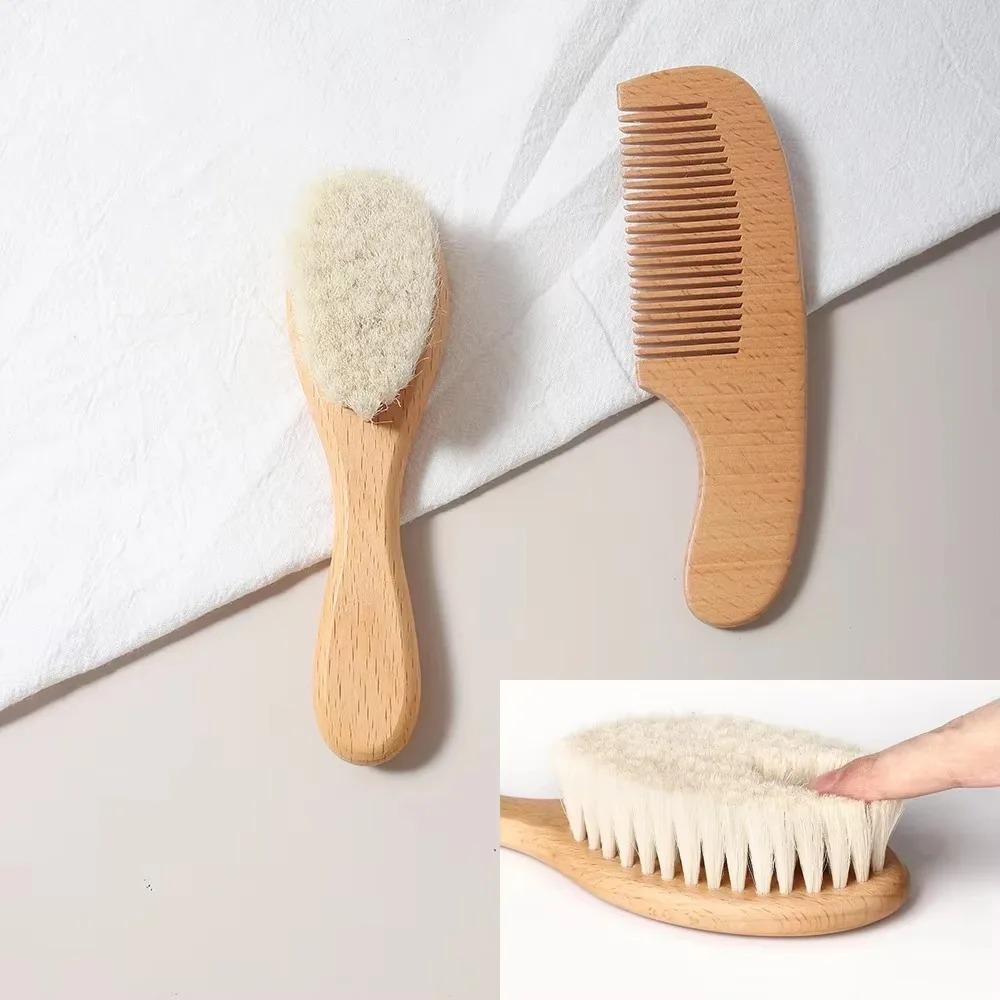 Conjunto de 2 peças de pentes para bebês, escova de cabelo para cuidados com o bebê, pente de lã macia de faia, massageador para recém-nascidos, chá de bebê e presente, calmante para cabelos de bebês