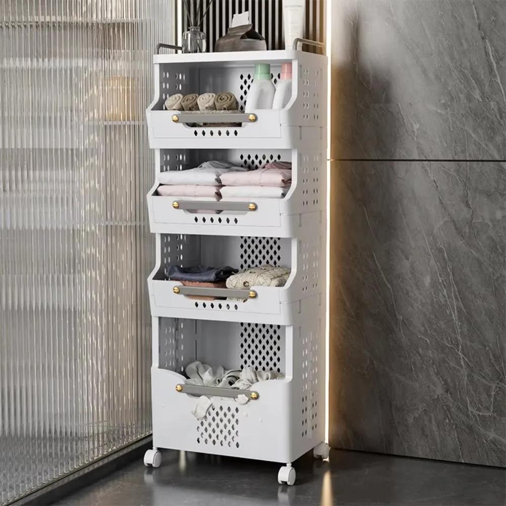Dirty Clothes Basket Fold Plastic Move Toilet Storage Frame with Wheel Hollow Out Design High-capacity Household Storage Racks