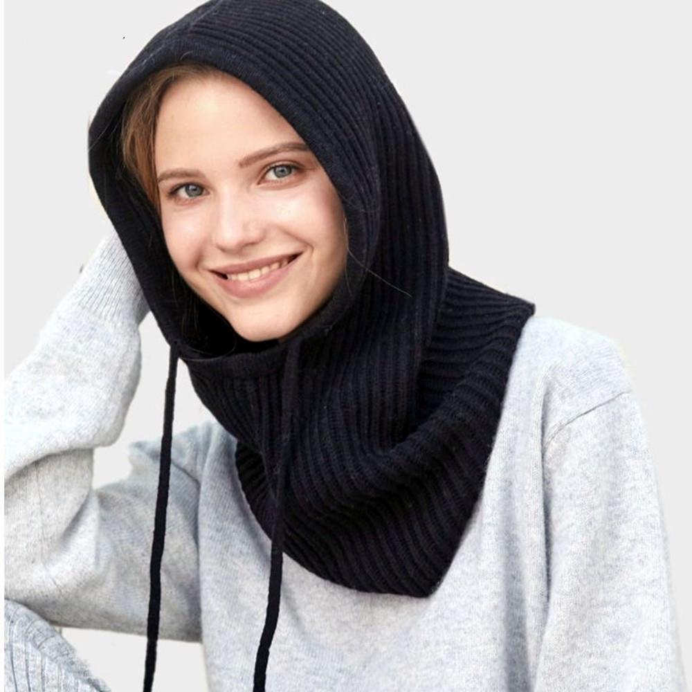 1Pc Knitted Wool Balaclava Skullies For Women Korean Winter Warm Drawstring Hooded Scarf Hat One-piece Neck Collar Beanies Cap