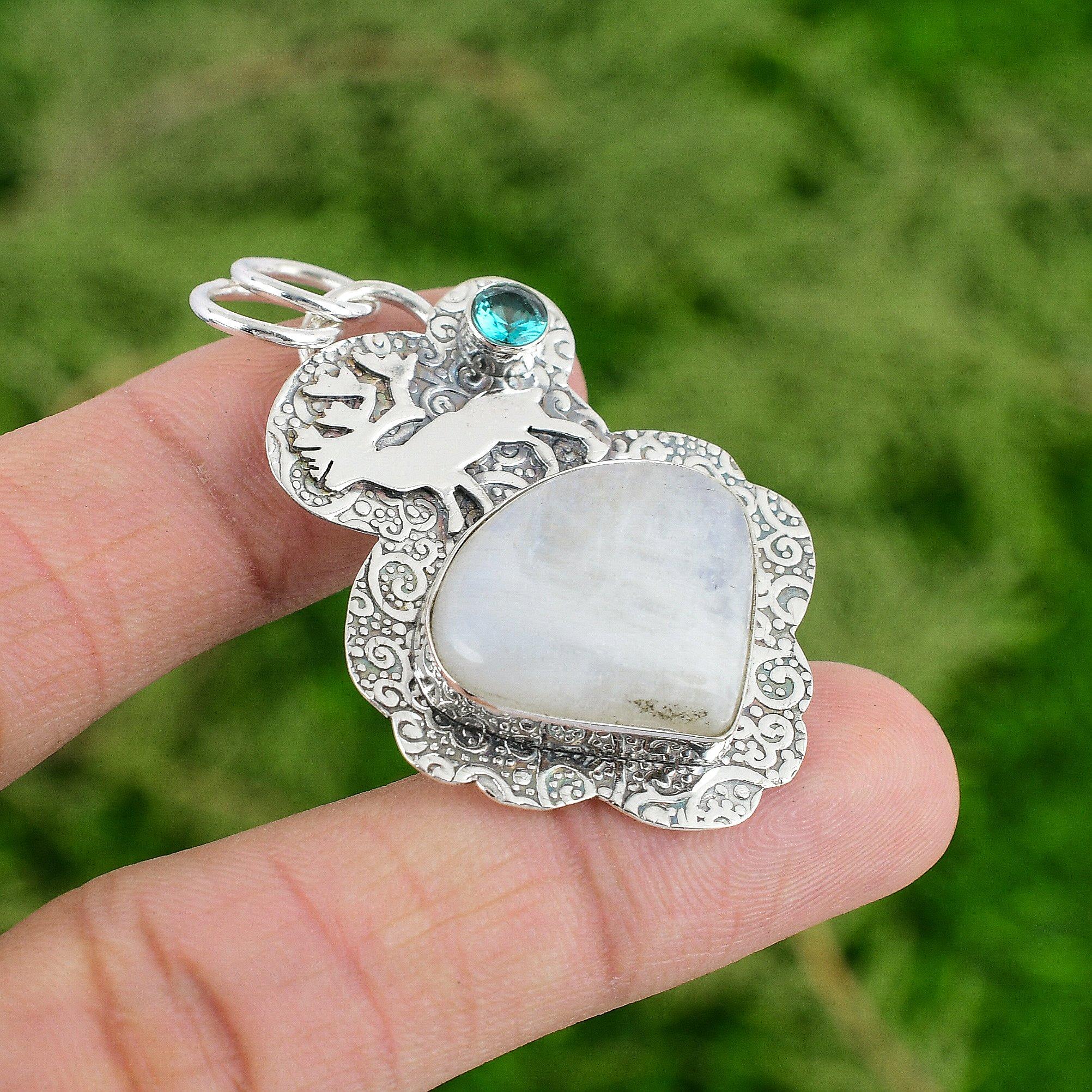 

925 Silver Rainbow Moonstone Gemstone Swiss Blue Topaz Daughter Pendant Jewelry