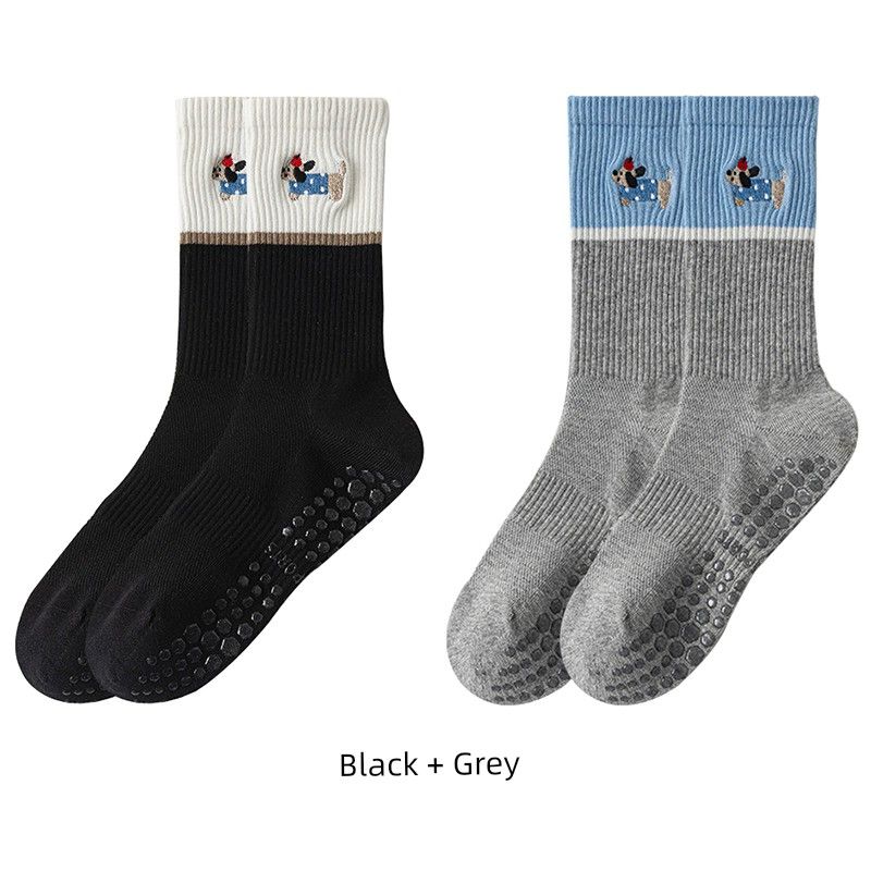 

Dachshund Embroidered Yoga Socks Mesh Non-Slip Spring/Summer Women Tube Socks Contrast Color Indoor Pilates Sports Fitness Black + Grey