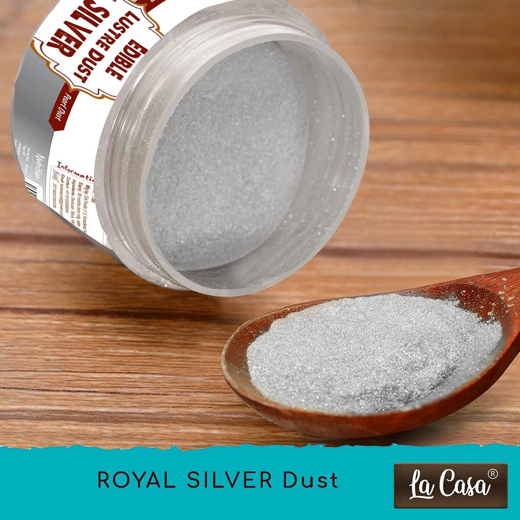 La Casa Premium Edible Lustre Dust - ROYAL SILVER | Pearl Dust Ideal for Cake Icing Decoration & Garnishing | 9gm |