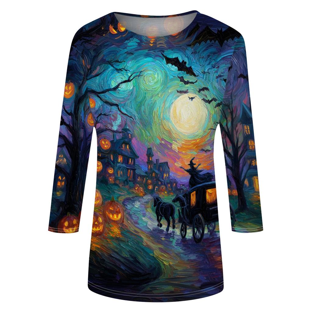 Women Halloween Pumpkin Print 3/4 Sleeve Shirt Round Neck Loose Fit Casual T-Shirt Top for Fall Seasonal Wear