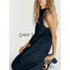 Autumn New Women clothes French style Commuter Style Simple Sleeveless Hanging Collar Denim Long Dress 6929287