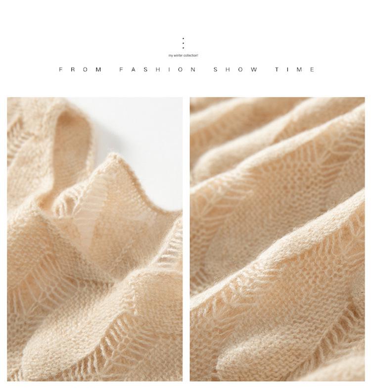 Women's High-End French Cashmere Sweater: Hollowed-Out, Round Neck, Bell Sleeves, 2024 Trend