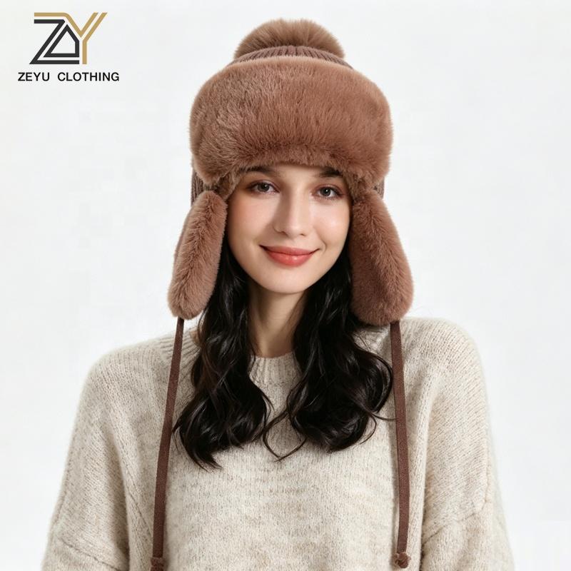 Zeyu Unisex Winter Faux Fur Trapper Hat Warm Fluffy Breathable Knitted Earflap Pom Pom Windproof Cold Weather Sports Travel ODM