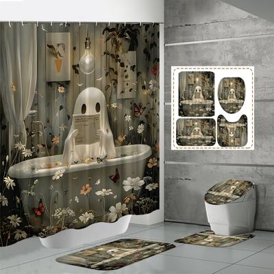4 Pcs Halloween Shower Curtain Sets Non-Slip Bath Rugs, Toilet Cover, U-Shaped Mat,Halloween Decorations Shower Curtain With 12 Hooks