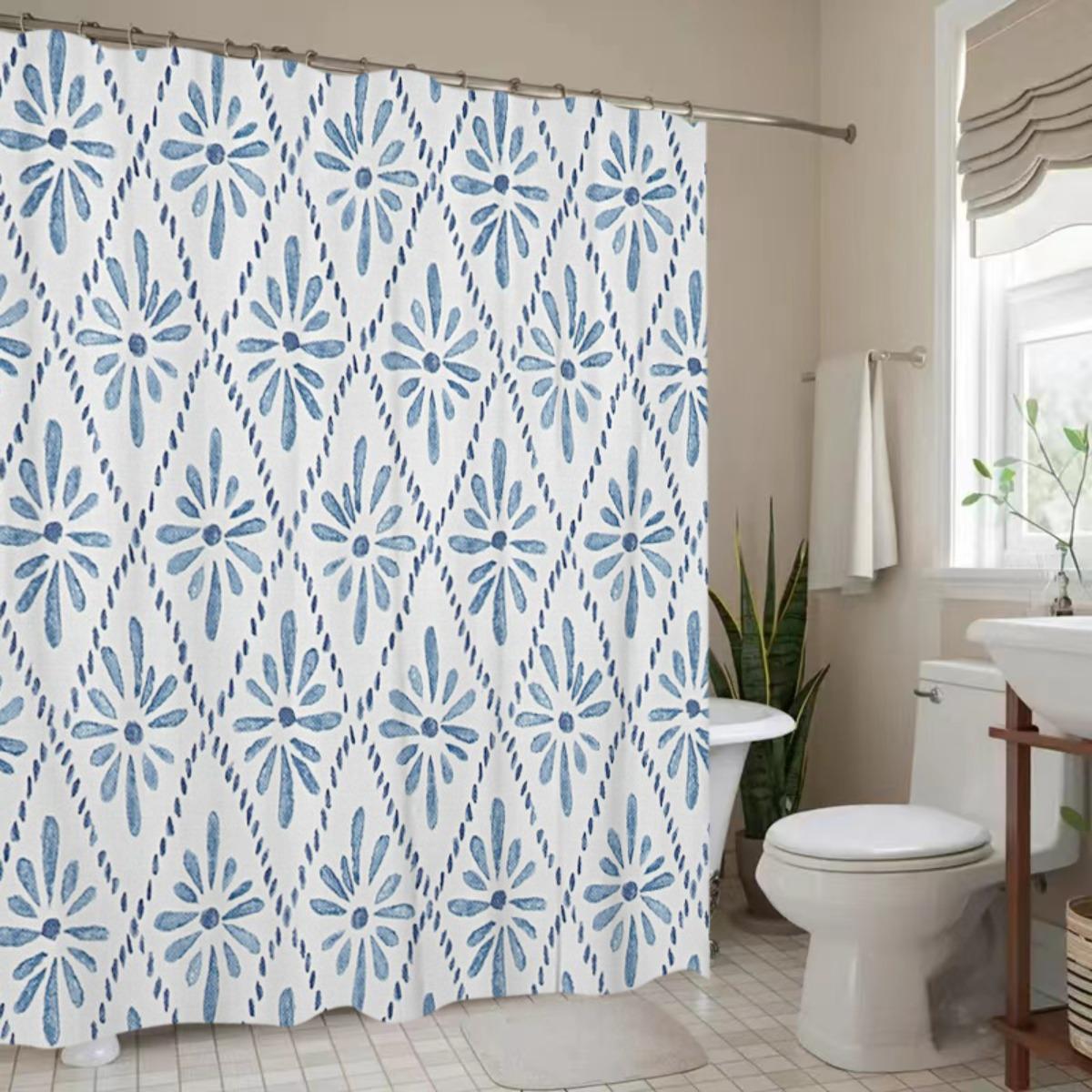 

Blue Floral Diamond Pattern Shower Curtain - High-Quality Polyester, Machine Washable, Hooks Included, Ideal For Bathtub W60H190(CM)-1 Pcs