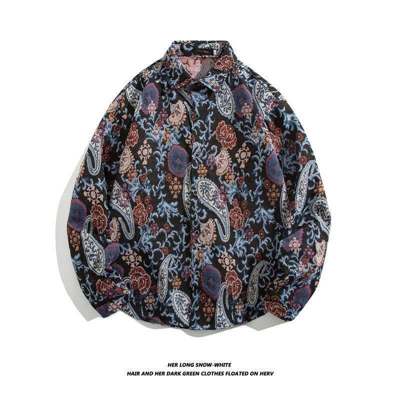 Men's Cuban Vintage Retro Long Sleeve Shirt Japanese Ethnic Style Autumn Winter Casual Button Down