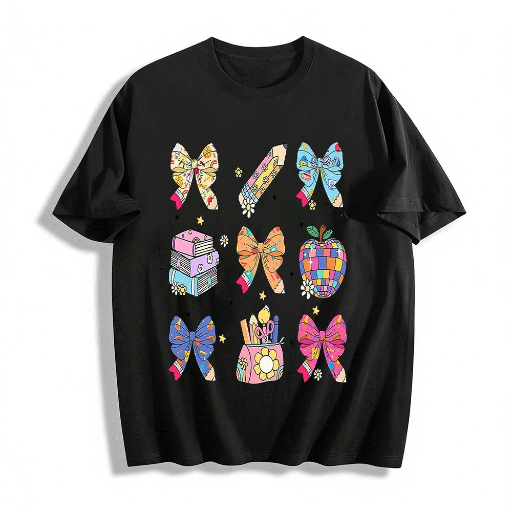 Cute School Stationery Bow Print Casual Top Pure cotton T-shirt XXS