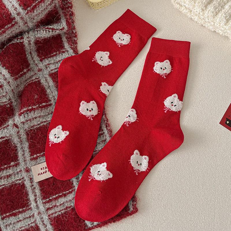 Red Socks Pure Cotton Tube Socks Cute Cat Polka Dot Striped Big Red Boneless Pile Socks Women