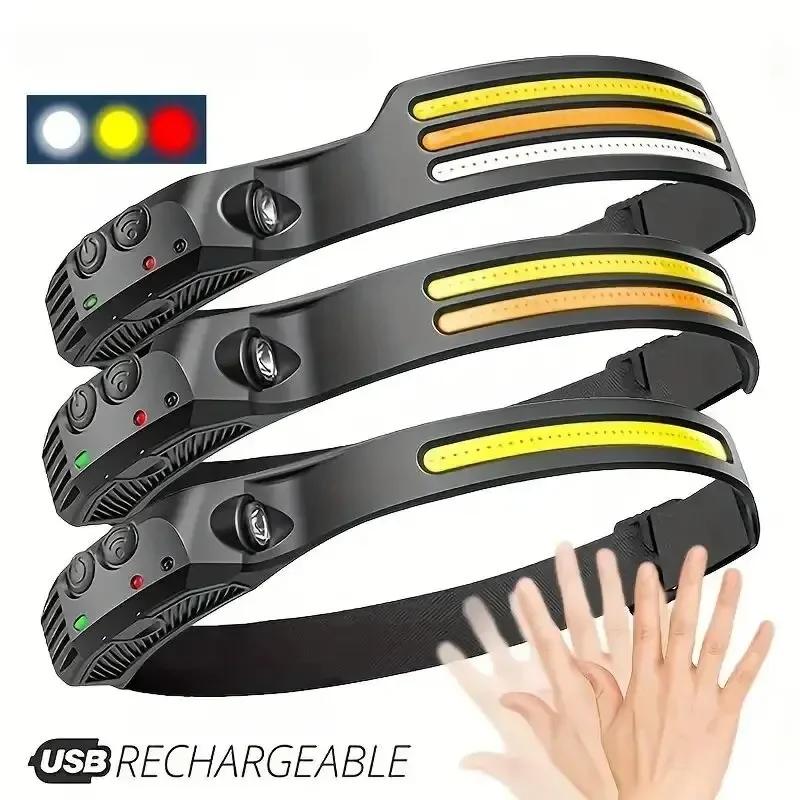 COB LED Sensor Headlamp USB Rechargeable Hand Induction Head Torch 7 Modes Waterproof Head Light for Camping Fishing Repair Outdoor