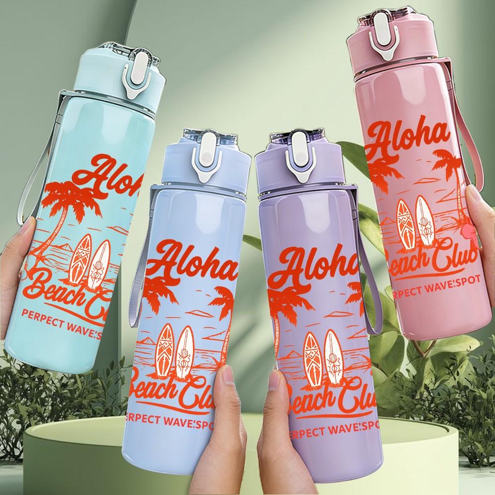 1PC Aloha Palm Beach Retro Text 750ml Color Plastic Sports Water Bottle Leakproof Flip Straw Lid Suitable for Sports Office Home Use