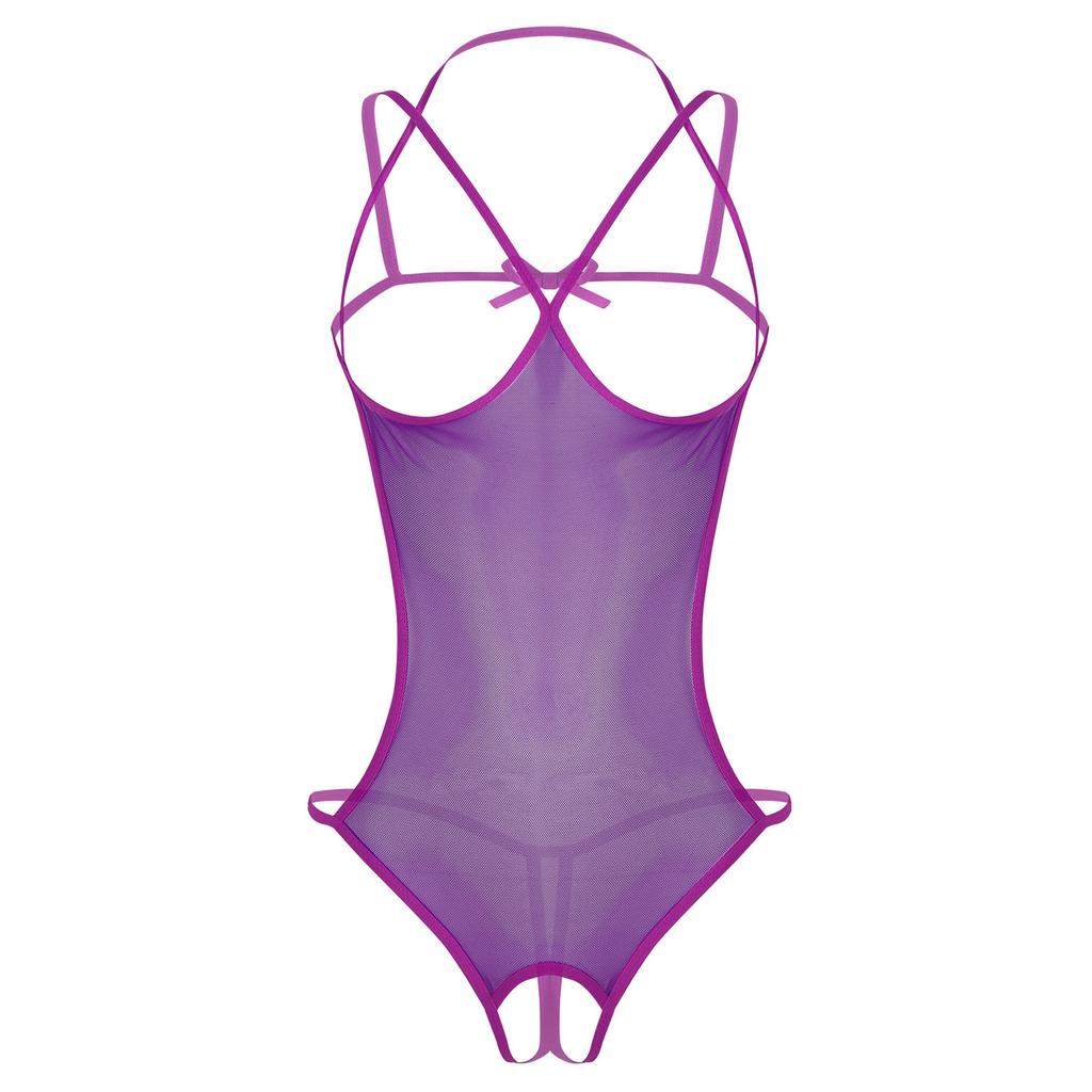 Womens Mesh Crotchless Bodysuit Halter Backless Hollow Out Leotard Lingerie