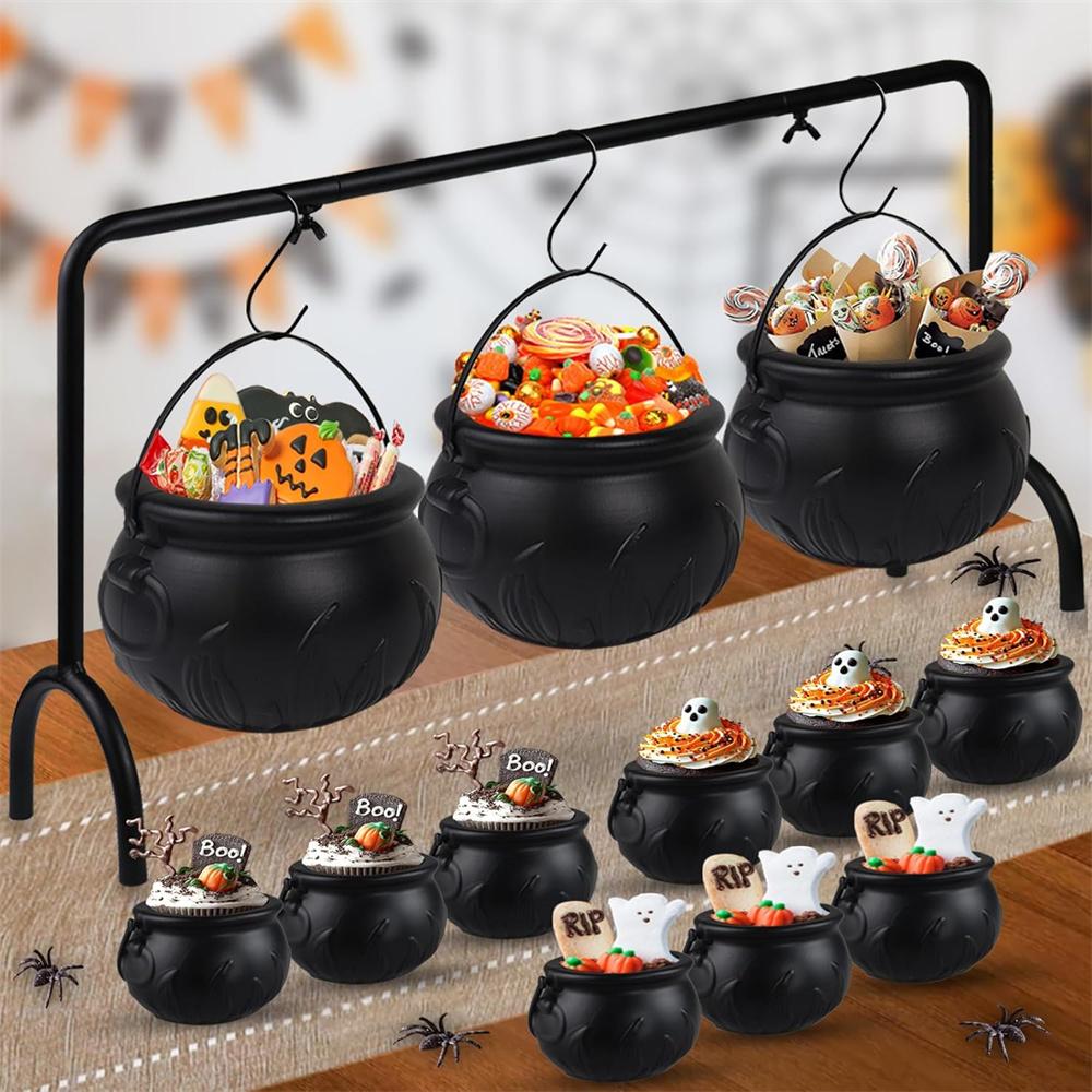 Halloween Candy Bucket Jar Trick Or Treat Black Plastic Cauldron Witch Bowls with Handle Halloween Party Decorations Props