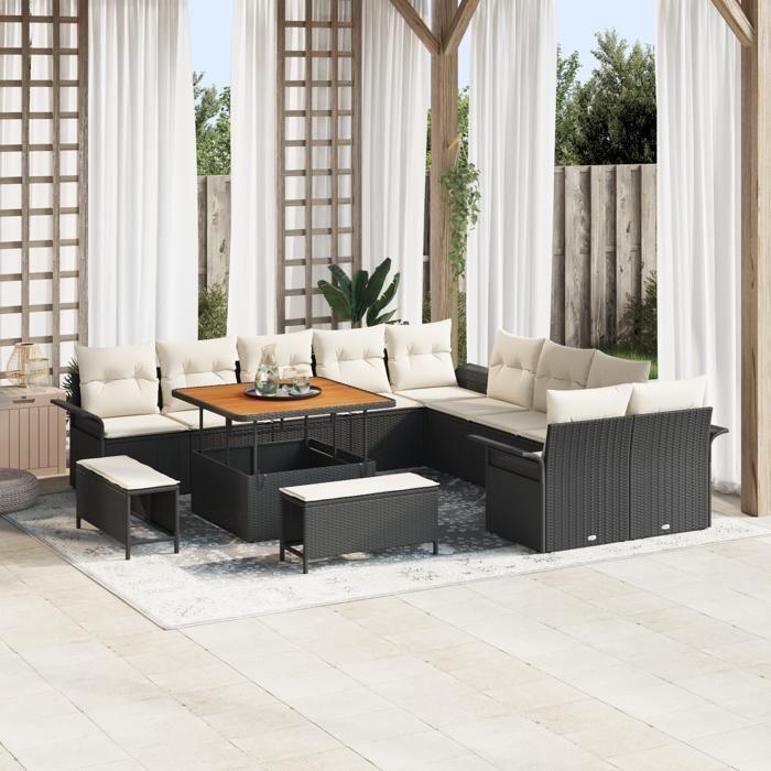 Set of 13 Pieces of Garden Sofa with Black Cushions Poly Rattan Acacia, 2-seater Garden Sofa with Black Cushions 3362185